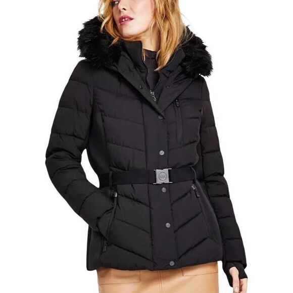 Michael Michael Kors Women Scuba Belted Hood Faux Fur Coat Jacket Black - Picture 1 of 3